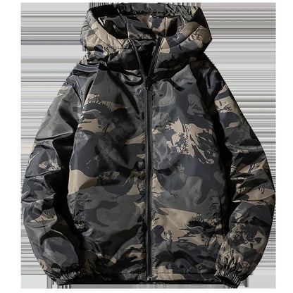 Giacca da uomo autunno/inverno 2025, spessa, con stampa, maniche lunghe, cerniera, cappuccio, vestibilità ampia, ideale per attività all'aperto.