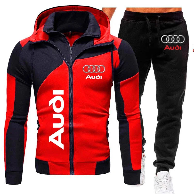 Tuta sportiva con logo Audi, set di 2 pezzi in pile caldo, felpa con cappuccio + pantaloni, tuta sportiva Audi da uomo