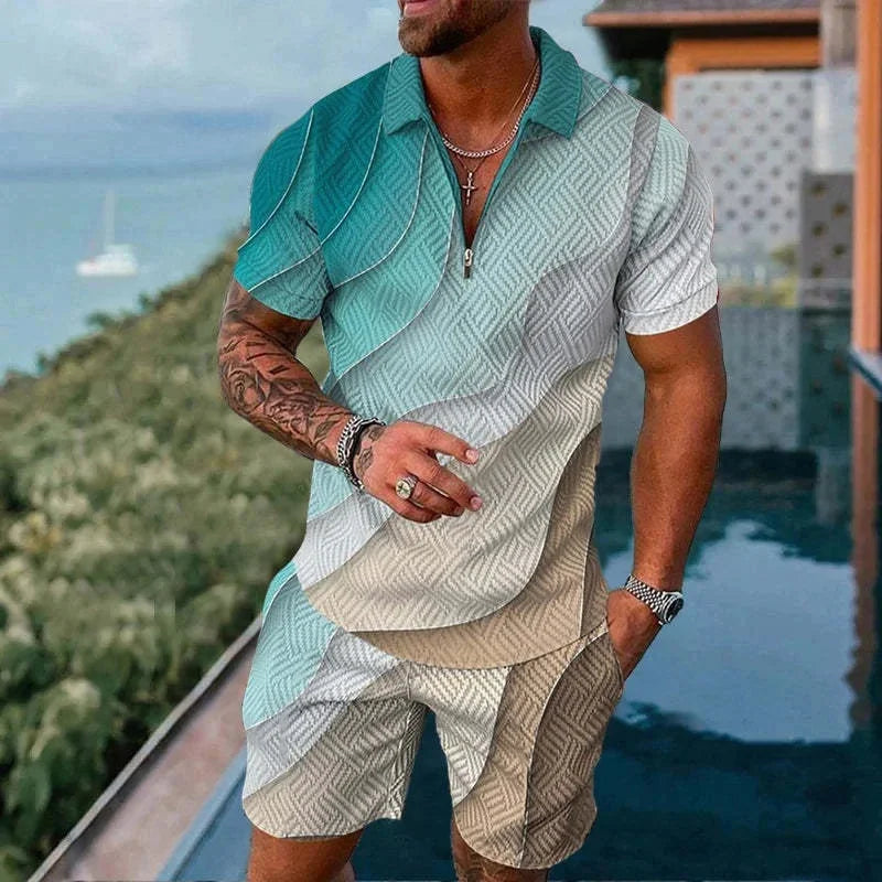 Completo da uomo composto da polo con cerniera, tinta unita, stampa 3D sfumata, colletto polo e pantaloncini. Abbigliamento estivo oversize per le vacanze alle Hawaii.