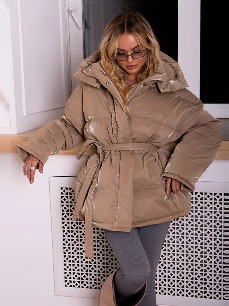 Women's Shiny Quilted Jacket With Detachable Hood Fashion Long Sleeve Zipper Belted Waist Coat Lady 2026 Warm Winter Outerwear