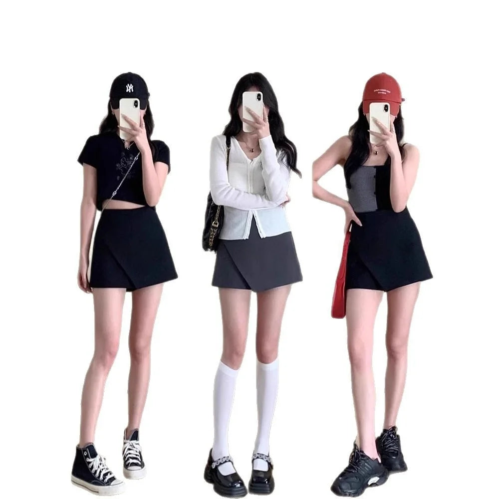High Waist Black Pants Short Skirt Slit Design Business Style Semi-Body Slimming Versatile Autumn Fashion College Girl Short...