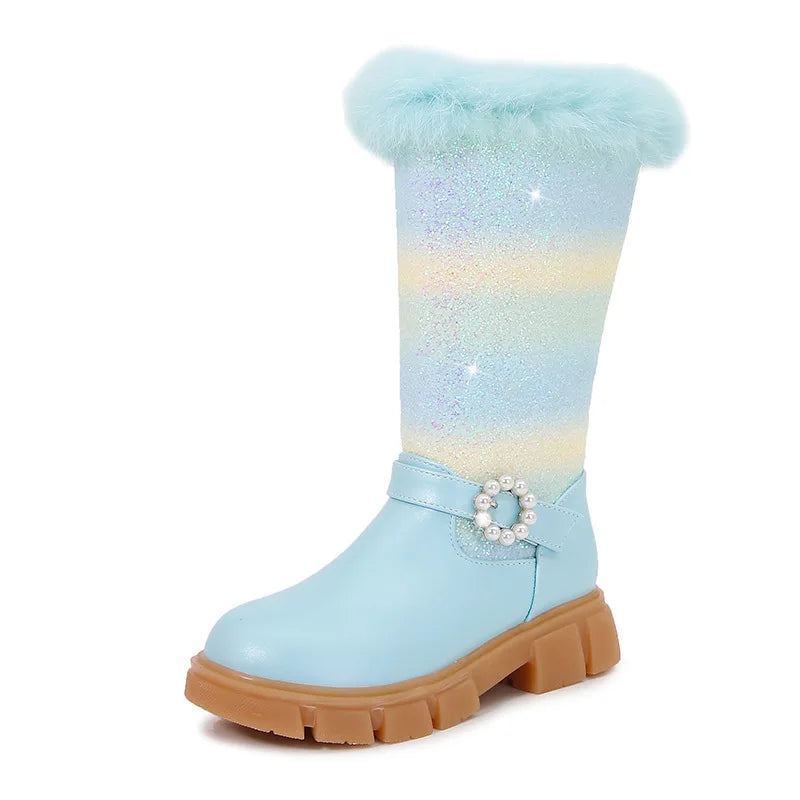 Nuovi stivali rosa da bambina per l'autunno/inverno 2023, modello principessa arcobaleno, lunghezza al ginocchio, con pelliccia sintetica.
