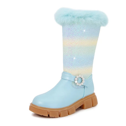 Nuovi stivali rosa da bambina per l'autunno/inverno 2023, modello principessa arcobaleno, lunghezza al ginocchio, con pelliccia sintetica.