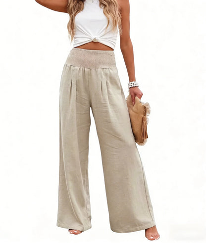 Women's Beige Waist Wide Leg Pants Smocked High Waist Pockets Loose Fit Casual Trousers Spring Summer Boho Beach Vacation Pants