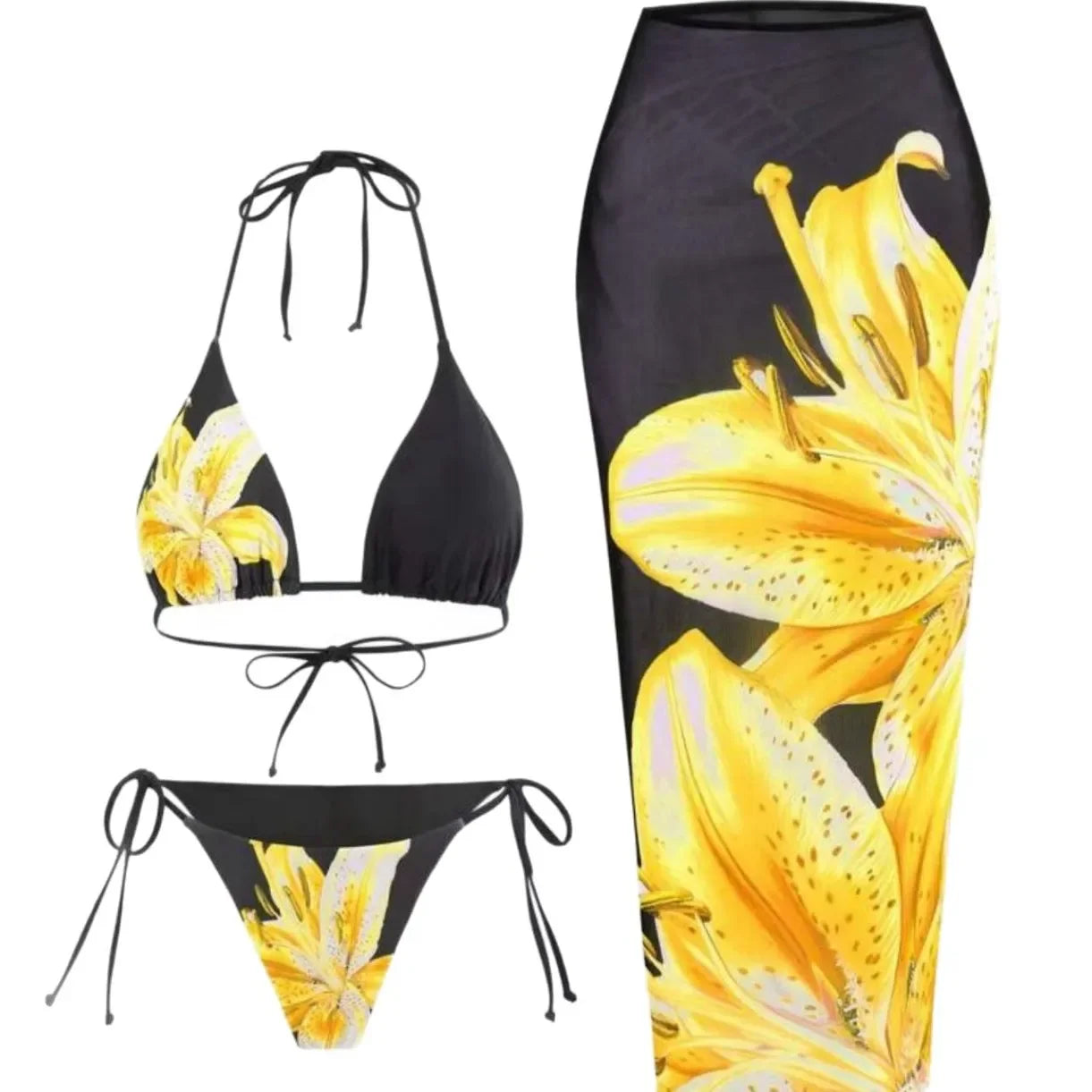 Sexy Print Three-piece Swimsuit Set Charms Lilies Limited Edition Bikini Set Attractiveness Sensuality Fashionable Women's Wear