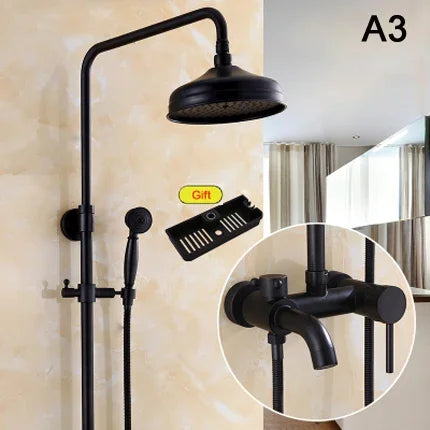 Bathroom Antique Black Painting Brass Lifting Column Wall Mount Shower Set 8" 3-Functions Hot Cold Rainfall Shower Mixer Tap