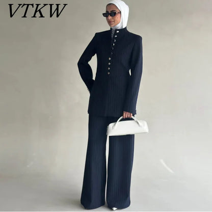 VTKW 2026 Nuovo arrivo da donna blu navy a righe con colletto alla coreana, blazer monopetto, tasche, pantaloni a gamba larga, set casual da ufficio