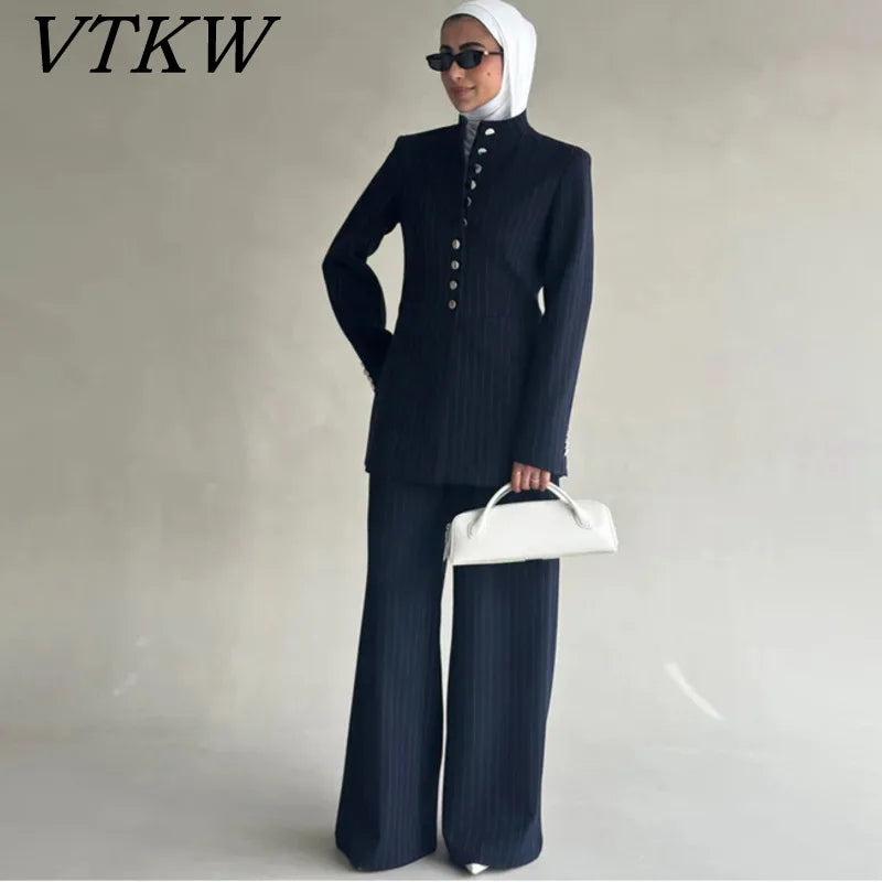 VTKW 2026 New Arrival Women Navy Blue Pinstripe Mandarin Collar Single Breasted Blazer Pockets Wide Leg Pants Set Office Casual