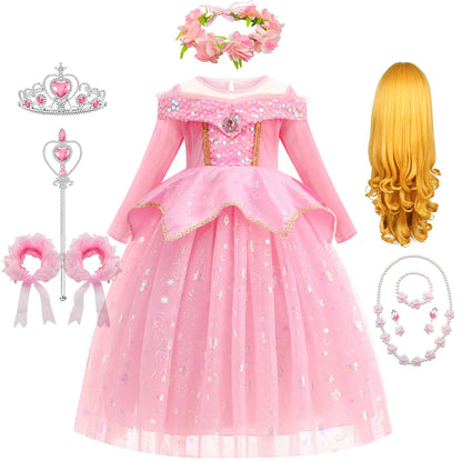 Costumi di Halloween per bambine, abiti da festa rosa per bambine, abito da principessa Aurora, costume cosplay della Bella Addormentata, set di travestimenti fantasy.