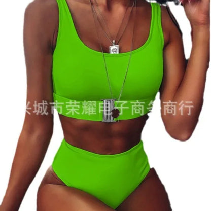 High Waist Bikini Pure Color Stripe Two-Piece Swimsuit Belly Cover Button Insert New Model Hot Sale Of The Season Women's Swimwe