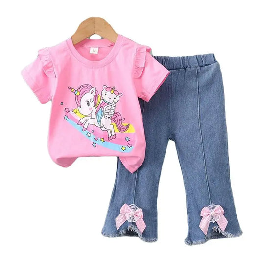 Completo estivo per bambine 2024, composto da maglietta a maniche corte con stampa a cartoni animati e pantaloni da cowboy, per neonate da 0 a 4 anni.