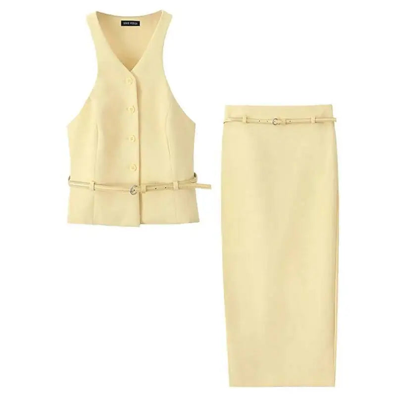 Completo da donna alla moda, top monopetto con cintura, senza maniche, scollo a V giallo + cintura con tasca a vita alta, gonne lunghe, set estivo da donna JHX6