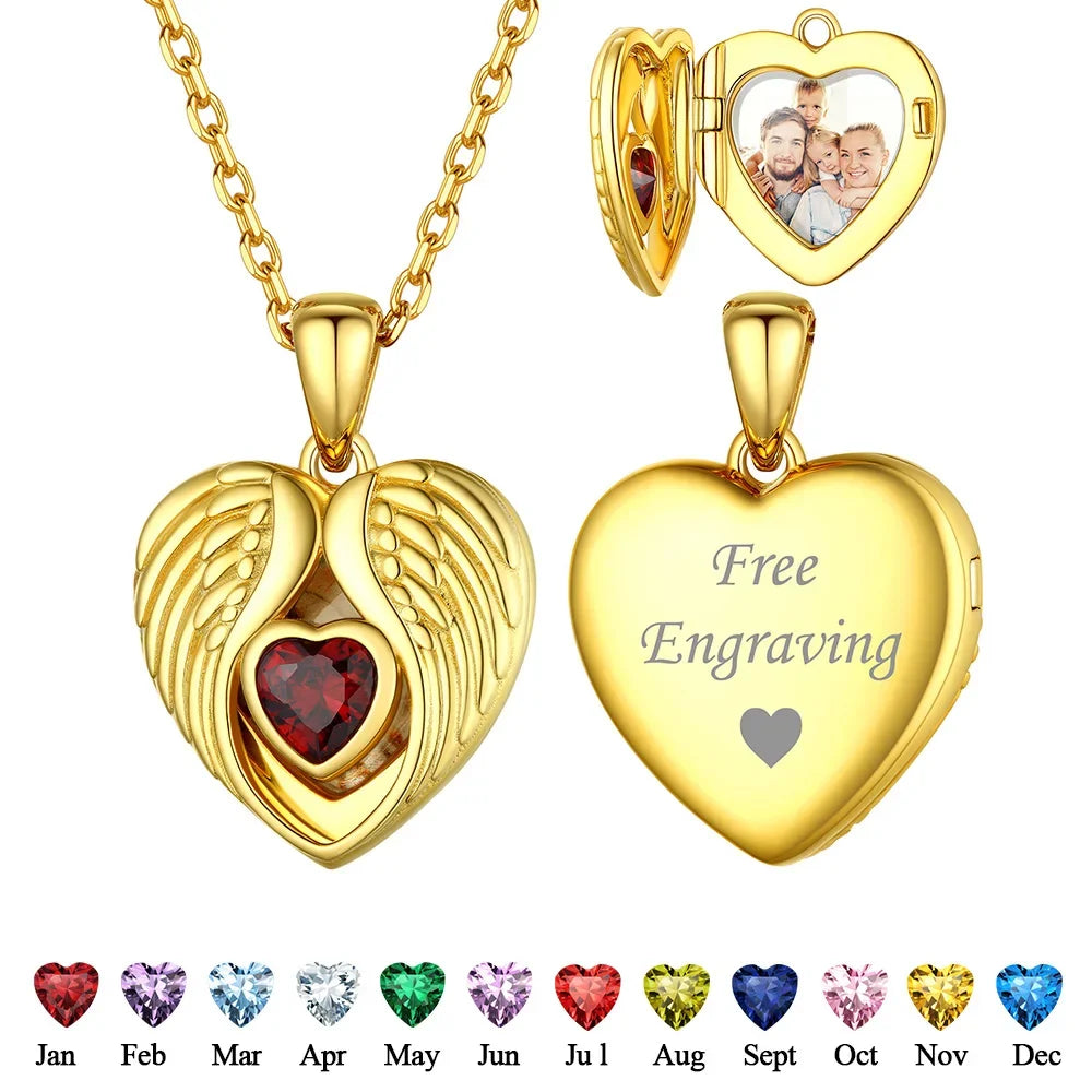 Ciondolo a forma di cuore con ali d'angelo in argento 925 U7 con pietre portafortuna, collana con ciondolo portafoto personalizzato per donna, gioiello commemorativo con foto di famiglia.