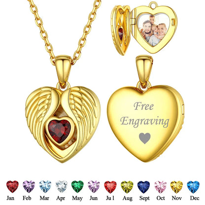 Ciondolo a forma di cuore con ali d'angelo in argento 925 U7 con pietre portafortuna, collana con ciondolo portafoto personalizzato per donna, gioiello commemorativo con foto di famiglia.