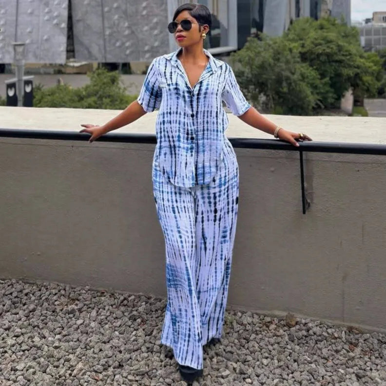 Women Two Piece Sets Pant Set Turn Down Collar Short Sleeve Shirt Wide Leg Long Pants Elastic Waist Y2k Streetwear Casual Loose
