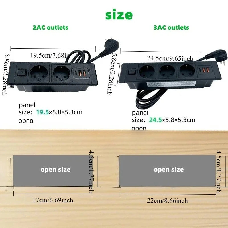 FUNAYA Built-in Desktop Hidden Socket EU KR Concealed Sockets with USB Type-c Power Electric AC Vertical Outlets for Furniture