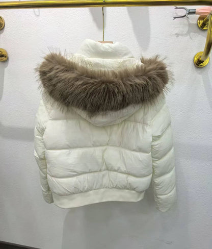 High-end off-white hooded fur collar cotton women's 2025 new winter Korean style versatile thickened warm cotton coat