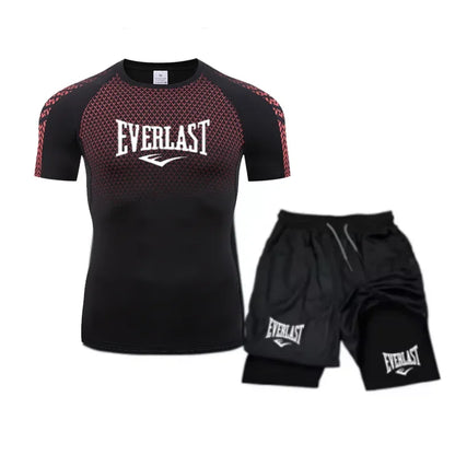 EVERLAST Maglietta a compressione da uomo + pantaloncini sportivi 2 in 1 Set 2 pezzi Tempo libero Traspirante Manica corta Sport Jogging Palestra Abbigliamento di marca Stampa