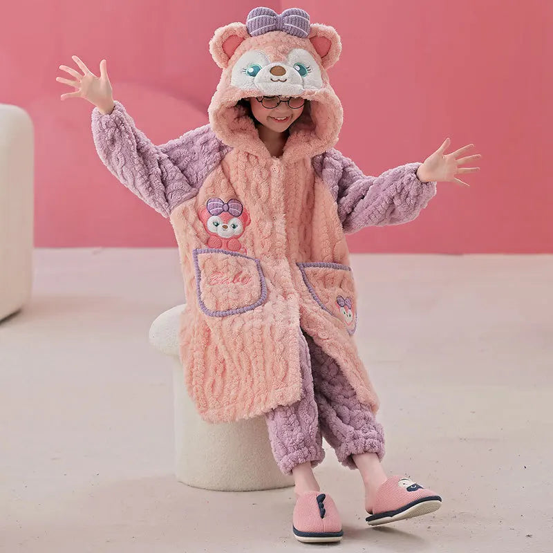 Stitch 2 pezzi pigiama in velluto Kawaii genitore-figlio Kawaii cartone animato anime bambine bambino accappatoio con cappuccio spesso caldo casual carino set di abbigliamento per la casa