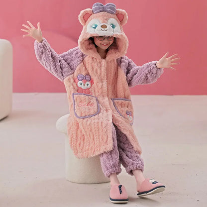 Stitch 2 pezzi pigiama in velluto Kawaii genitore-figlio Kawaii cartone animato anime bambine bambino accappatoio con cappuccio spesso caldo casual carino set di abbigliamento per la casa