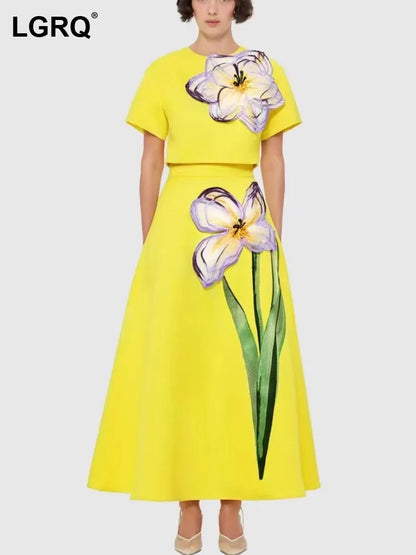 LGRQ 2025 New Summer Tound Neck Short Sleeves High Waist Printed Tshirt And A-line Long Skirt 2pcs