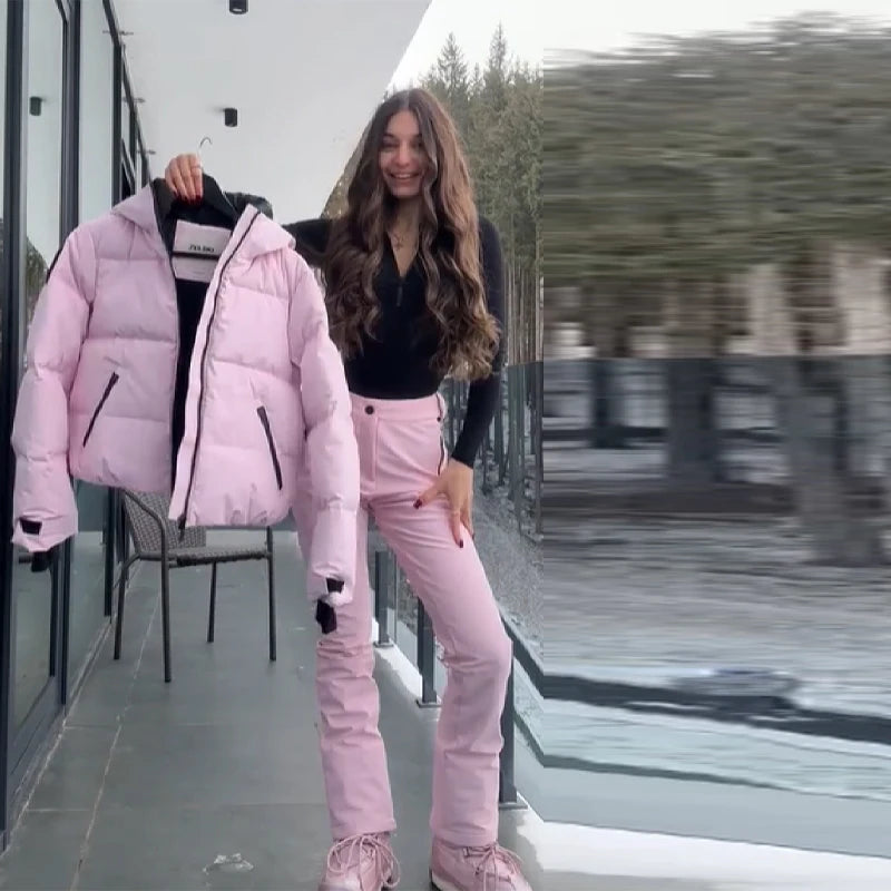 Thicken Warm Women's Skiwear Pink High Collar Hooded Cotton Padded Coats Straight Leg Zipper Pants 2025 New Winter Lady Ski Suit