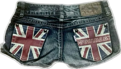 Motociclista britannica Y2K, pantaloncini stampati hot melt, pantaloncini in jeans sexy stile Spice Girls, minigonna a vita bassa