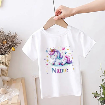 Maglietta personalizzata con unicorno e nome per bambine, maglietta Wild per bambini, maglietta estiva per bambini, abbigliamento per bambini, top a maniche corte per neonati.