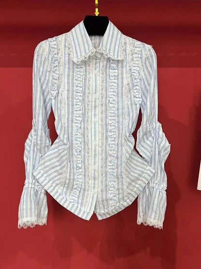 Blue Striped Women Shirts Autumn Korean Sweet Lace Patchwork Long Sleeve Blouse Fashion Single Breasted Slim All Match Top Mujer