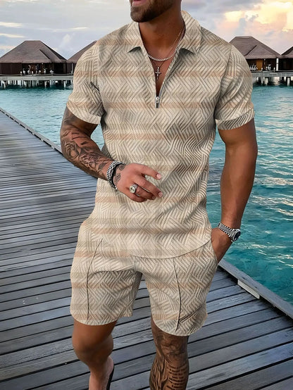 Completo estivo vintage casual a righe con stampa 3D, composto da polo, polo con cerniera e colletto, pantaloncini con cerniera, stile vacanze hawaiane da uomo.
