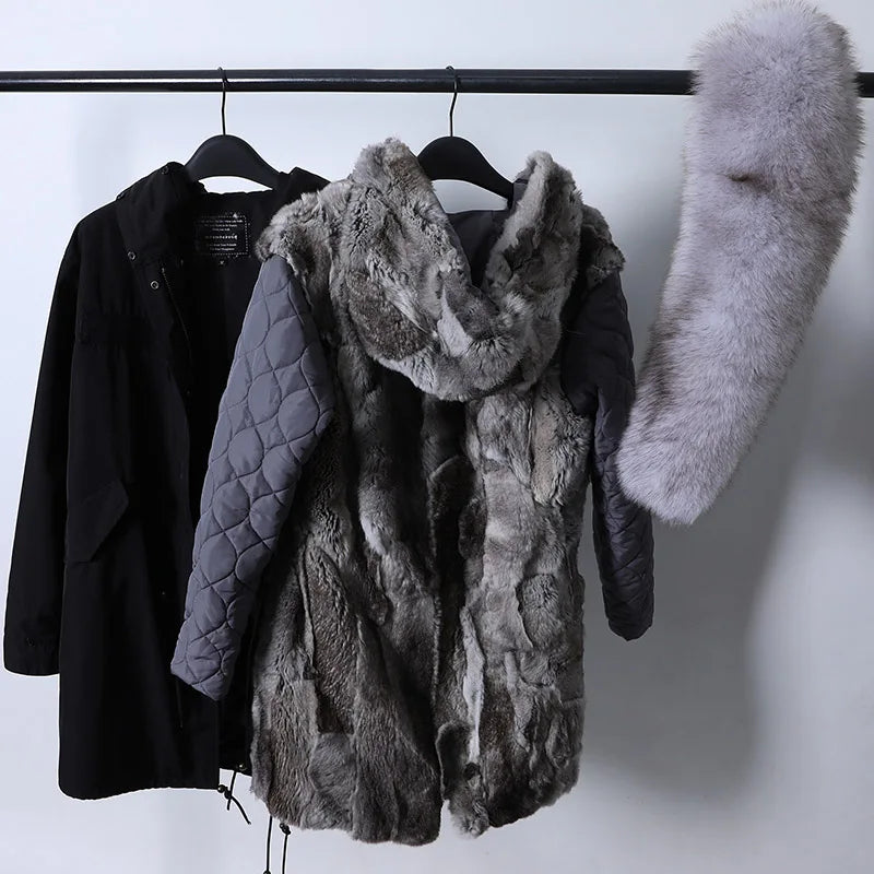 Maomaokong 2022 Giacca invernale da donna Parka lungo Impermeabile Grande pelliccia di volpe naturale vera Collo di pelliccia di procione Cappuccio Fodera in caldo coniglio