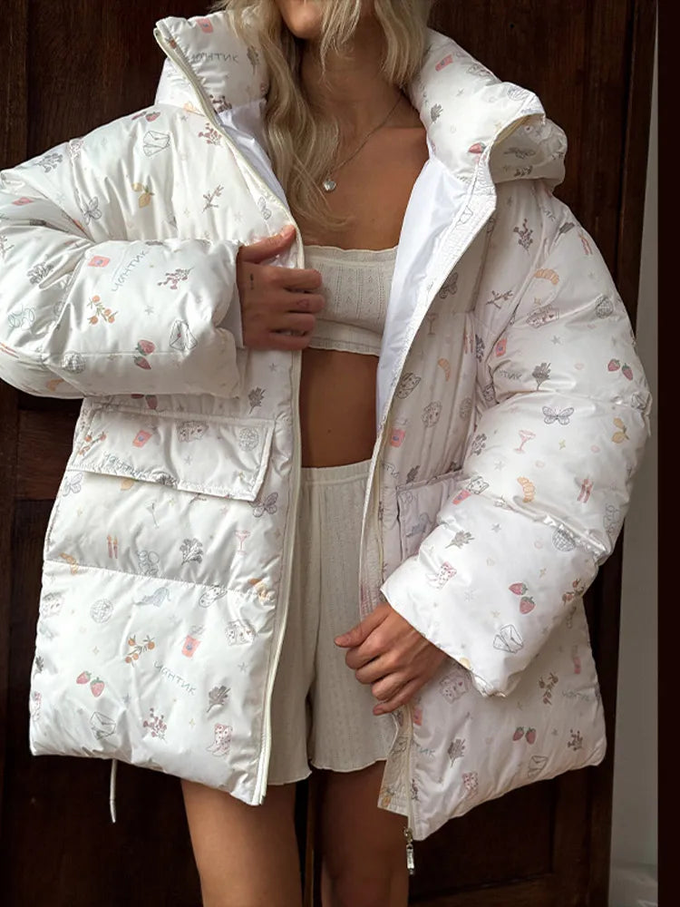 Print Oversized Hoodie Puffer Jacket Women Stand Collar Full Sleeve Sherpa Lined Pocket Zipper Coat 2026 Winter Warm Snowear