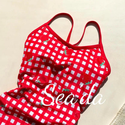 Red Strawberry Plaid Speed Suit Swimming Suit Women's Conservative One-Piece Swimsuit Quick-Dry High Elasticity Backless