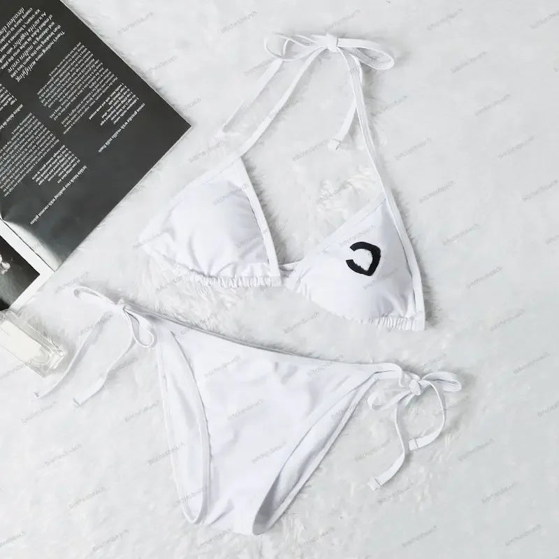 The 2025 high-waisted bikini letter print swimsuit is the latest V-neck swimsuit for women in summer