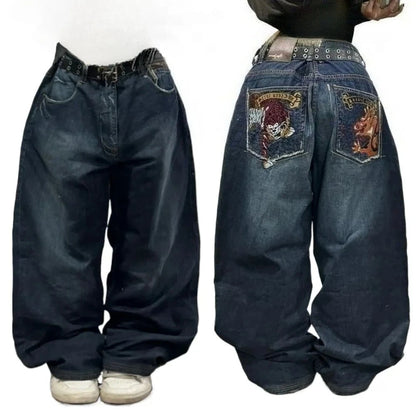 2024 New American Trend Retro Hip-hop Embroidery Pattern Baggy Jeans For Men And Women Y2K Harajuku Gothic Wide Pants Streetwear