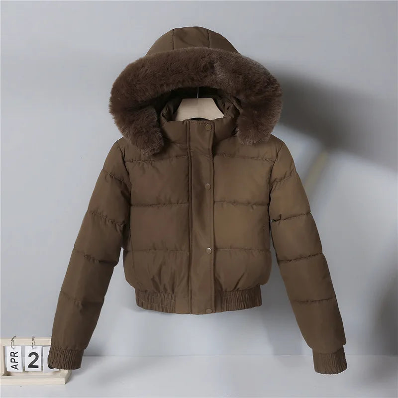 Parkas Down Jacket Women Winter Cotton Short Coat Hooded Fur Collar Office Lady Outerwear Thicken Warm Windproof Overcoat 2025