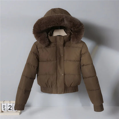 Parkas Down Jacket Women Winter Cotton Short Coat Hooded Fur Collar Office Lady Outerwear Thicken Warm Windproof Overcoat 2025