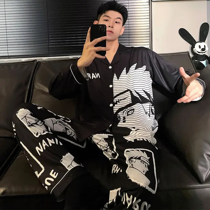 Pigiama Naruto Pain da uomo, set anime in seta satinata, pigiama con colletto risvoltato, maniche lunghe, abbigliamento da notte maschile, set da 2 pezzi, cardigan, abbigliamento per la casa