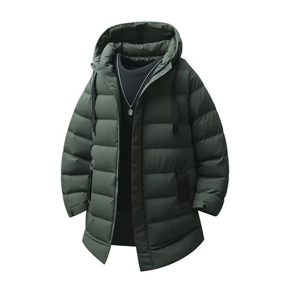 Warm Hooded Cotton Jacket Men's Mid-Length Youthful Autumn Winter Fashionable Bamboo Fiber Polyester Filled Coat for Teens