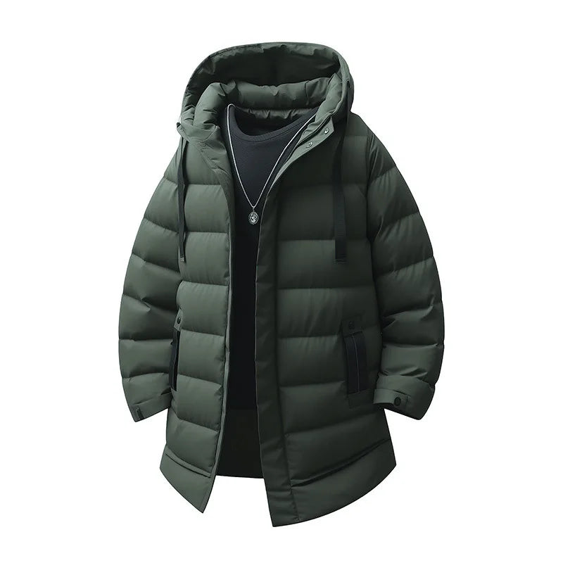 Warm Hooded Cotton Jacket Men's Mid-Length Youthful Autumn Winter Fashionable Bamboo Fiber Polyester Filled Coat for Teens