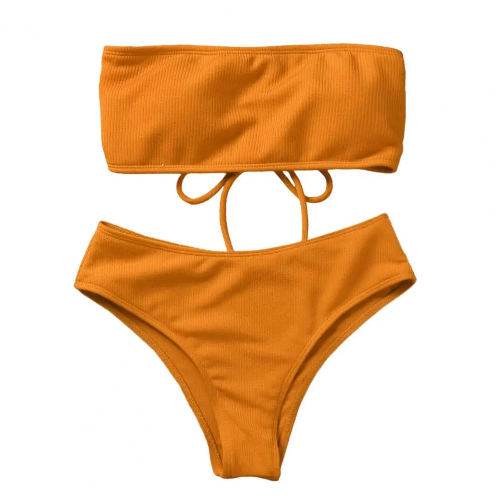 Women Beach Suit Chest Pad No Underwire High Waist Bathing Two-piece Set Bandeau Swimming Trunks Split Bikini Set Beachwear 80%
