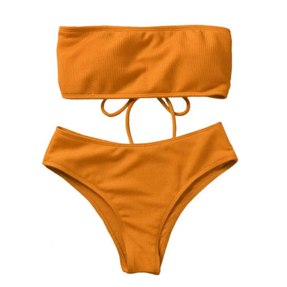 Costume da bagno da donna con imbottitura sul seno, senza ferretto, vita alta, due pezzi, fascia, slip da bagno, bikini diviso, abbigliamento da spiaggia 80%