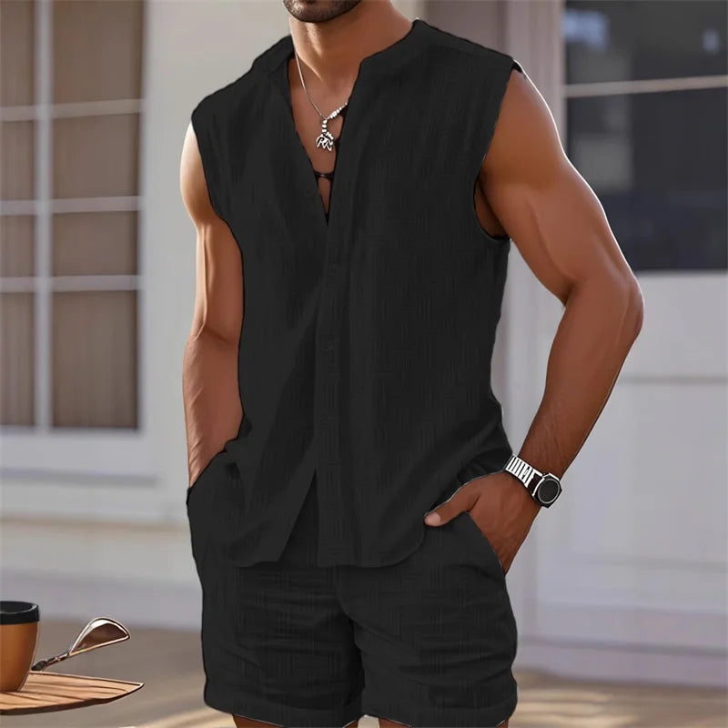 Completo da uomo 2025 composto da canotta, top senza maniche e pantaloncini a quadri, set casual e alla moda con pantaloncini senza maniche in stile hawaiano per la spiaggia.