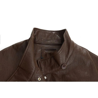 Maillard Coffee Color Design tie up Slimming Leather Jacket 2025Autumn New Loose Solid Color Outfit Korean Outerwear top Commute