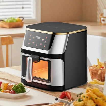Friggitrice ad aria elettrica ad alta capacità visibile in acciaio inossidabile da 8 litri, forno ad aria multifunzione, touch screen a LED, alta temperatura a 210 °