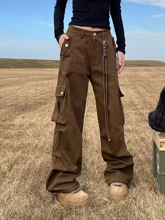 Pantaloni cargo larghi marroni multitasche Ropa Y2K Streetwear 2024 per donna, vestiti dritti in cotone hip hop, nuovi pantaloni da donna