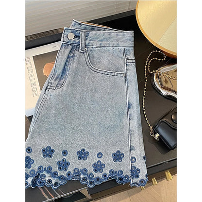Female Korean Embroidered Ruffles High Waist Jeans Summer Trend Sexy Buttons Slim Shorts Women Clothes All-match Pocket Pants