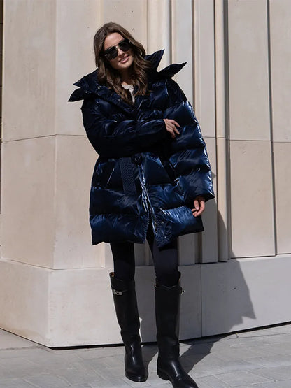 Women's Shiny Quilted Jacket With Detachable Hood Fashion Long Sleeve Zipper Belted Waist Coat Lady 2026 Warm Winter Outerwear