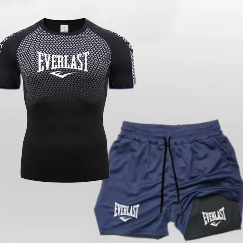 EVERLAST Maglietta a compressione da uomo + pantaloncini sportivi 2 in 1 Set 2 pezzi Tempo libero Traspirante Manica corta Sport Jogging Palestra Abbigliamento di marca Stampa