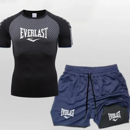 EVERLAST Maglietta a compressione da uomo + pantaloncini sportivi 2 in 1 Set 2 pezzi Tempo libero Traspirante Manica corta Sport Jogging Palestra Abbigliamento di marca Stampa
